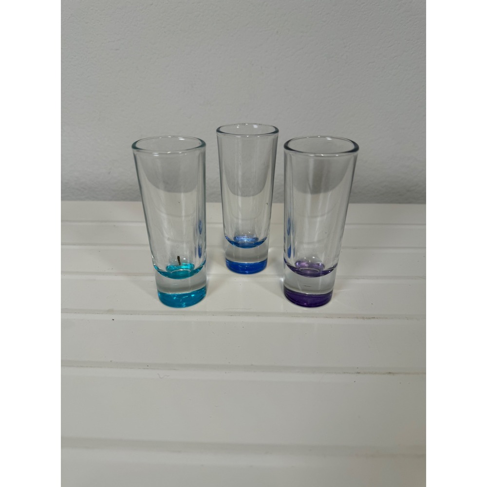 Set of 3 Tall Shot Glasses Colored Weighted Base Blue Purple Turquoise 4.25in